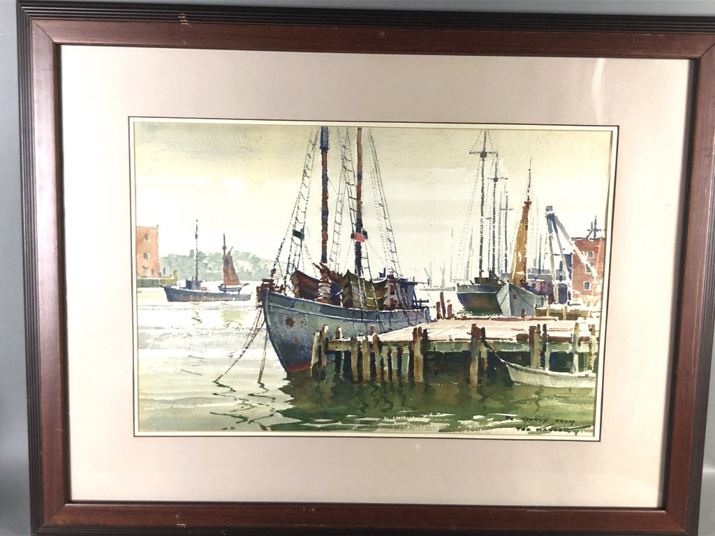 Ted Kautzky: Ted Kautzky The Warf Watercolor signed (lr) with painting on back. Sight: 15" x 21 1/2" Condition: Scratches to frame