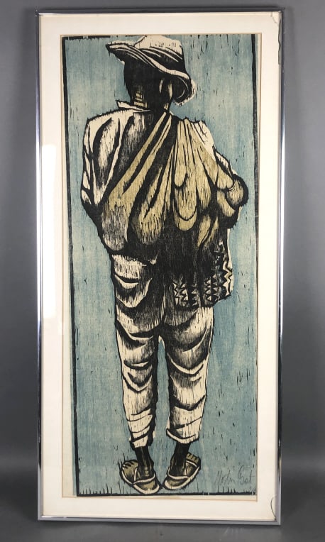 Moshe Gat (Israeli, b. 1935): Moshe Gat (Israeli, b. 1935) Print signed (lr) Sight 36"h x 15 /12"w Condition, broken glass, print has slipped in frame