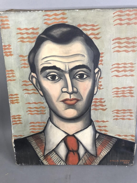 Stella Drabkin (1929-1971 American): Stella Drabkin (1929-1971 American) Portrait of man Oil on canvas signed (lr) Sight 20"h x 16"w Condition, minor tear and dent