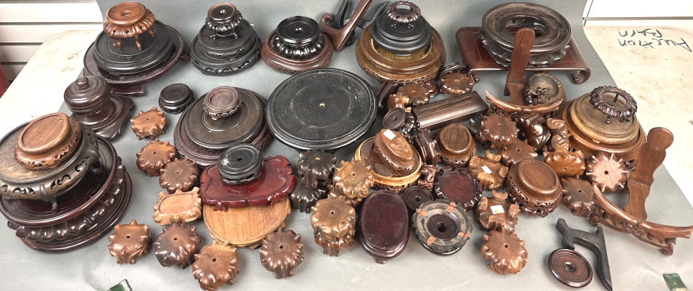 Group of Asian Hardwood Stands & Other Articles: Group of Asian Hardwood Stands & Other Articles. Largest is 10" diam. Condition, some chips, cracks, and missing pieces
