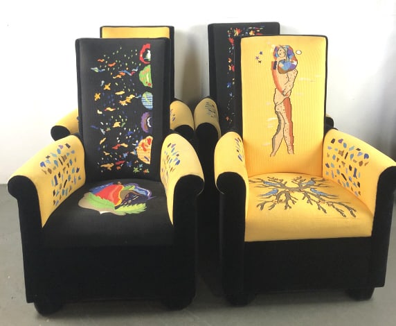 Set of 4 Yellow Fabric Embroidered Armchairs: Set of 4 Yellow Fabric Embroidered Armchairs . 47"h x 32 1/2"w x 29"d. Condition, some wear to edges of feet , minor stains
