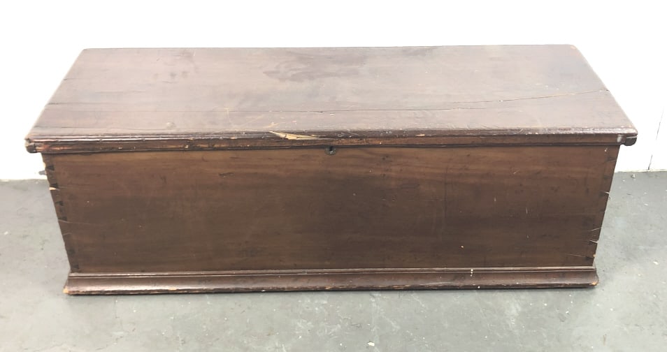 19th C. Stained Wood Blanket Chest: 19th C. Stained Wood Blanket Chest. 18 1/2"h x 52 1/2"w x 17 1/2"d. Condition, cracks to top, scratches and scuffs, overall wear, missing handles