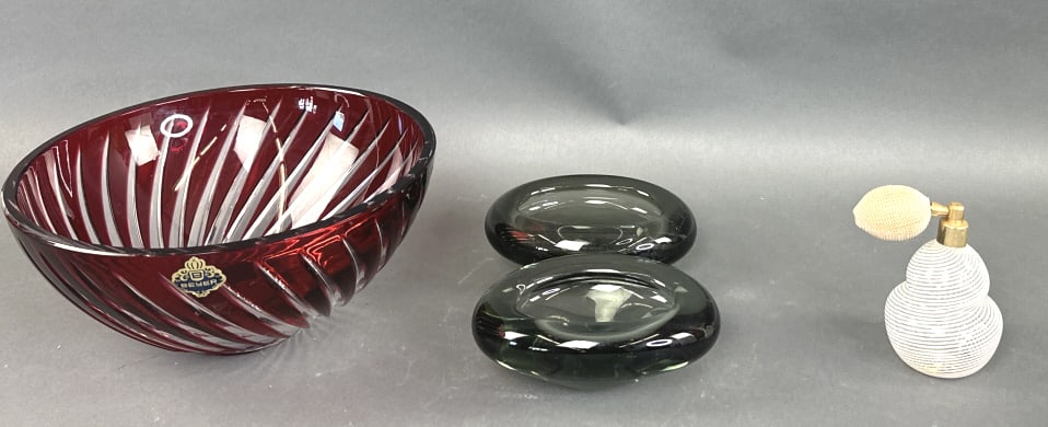 Pair of Glass Holmegaard Bowls: Pair of Glass Holmegaard Bowls Together with red / clear Beyer bowl, and atomizer perfume bottle.Beyer bowl is 5"h x 10 3/4" diameter. Condition, some tape residue on Holmegaard bowls, some light scra