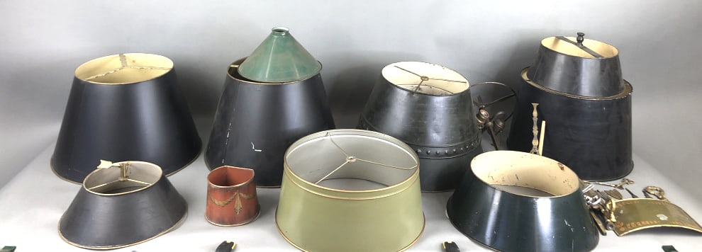 Group of Tole Shades: Group of Tole Shades. Approx. 11 pieces. Tallest pair are 11"h x 16" diam. Condition, as is , some need repair. scratches and scuffs, missing parts, extra parts