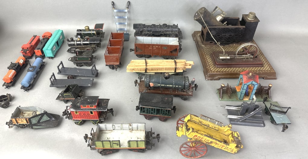 Group of Trains and Steam Engine: Group of Trains and Steam Engine . Some are from Germany , Bavaria, etc Condition, as is, untested, scratches , scuffs, bent metal, loss of paint, loss of metal and rusty metal to steam engine
