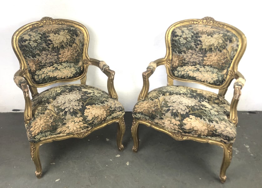 Pair of Louis XV Style Giltwood Fauteuil: Pair of Louis XV Style Giltwood Fauteuil . 38"h x 27"w x 28"d. Condition, some wear, worn and chipped gilt