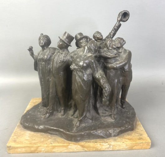 Bronze of party people by A.Cives. circa 1910: Bronze of party people by A.Cives. circa 1910. Bronze: 8.75"x 10.75"x 10.75". Base: 8.5"x 12.25"x 1". Condition, needs dusting, chip in the base