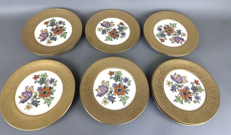 Set of 11 Gold & Floral Bavarian Dishes: Set of 11 Gold & Floral Bavarian Dishes. Z.S. & Co, D Or Studios. 11 1/4" diam. Condition, some scratches to gold, small flick or loss of gold ( see photo)