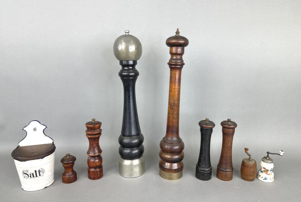 Group of Pepper Grinders and Salt Box: Group of Pepper Grinders and Salt Box. Largest is 20 3/4"h. 9 pieces. Condition, scratches, scuffs, wear to enamel, wear to wood