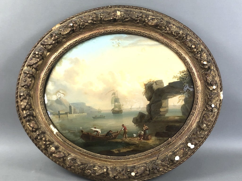 19th C. Reverse Painting on Glass of Italian Port (1 of 6)