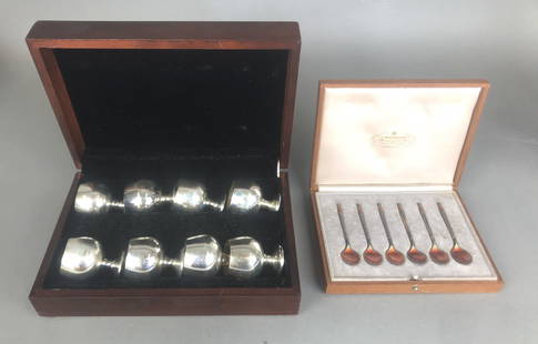 Danish Sterling Silver Enamel Boxed Spoons: Danish A. Michelsen Sterling Silver Enamel Boxed Spoons, together with 8 sterling silver cordial cups Total approx. 6 1/2 ounces Condition, some scratches to cases