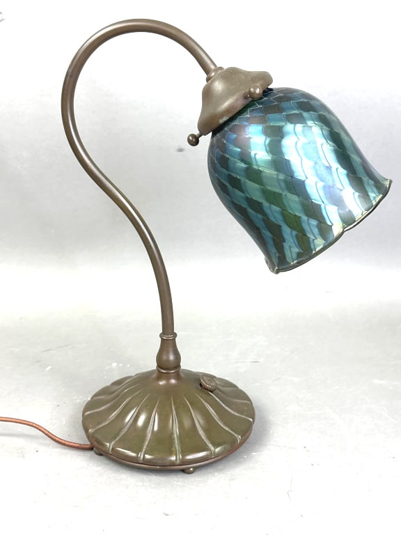 Bronze Buffalo Lamp with Orient Flume Shade: Bronze Buffalo Lamp with Orient Flume Shade. Shade signed and dated. 13"h x 9 3/4"w x 5 3/4"d. Condition, some chips to upper rim of shade