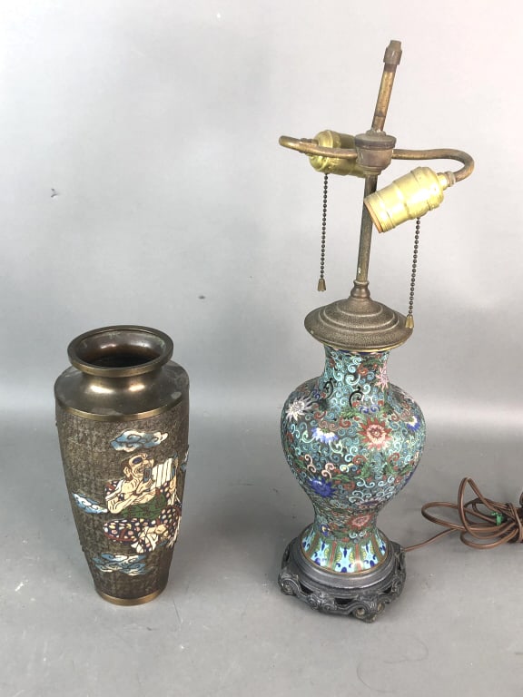 Cloisonn? Lamp: Cloisonne Lamp. Together with vase. Lamp is 21"h. Condition, some dents to lamp., untested