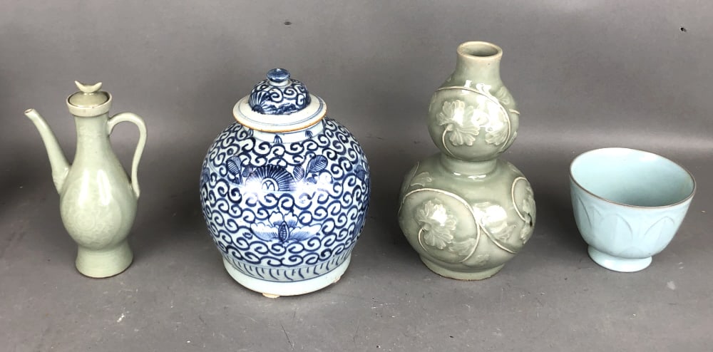 Group of Celadon and Other Porcelain Objects: Group of 4. Tallest 10". Condition: Small chip to rim of teapot.