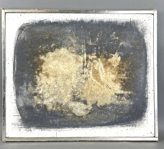 Ethel Edwards - Oil on Canvas: Ethel Edwards - Oil on Canvas.Oil on canvas, signed lower right and on verso.Title: End of the Microphone ?Overall size is 21 1/4" x 25 1/8"Condition, overall wear to frame, cracks, scratches and some