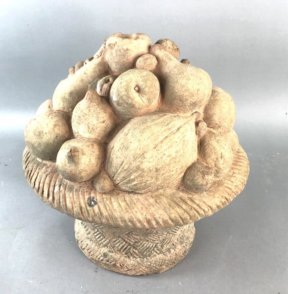 Terracotta Basket of Fruit: Terracotta Basket of Fruit 16"h x 17" dia Condition, weathered patina, some firing cracks
