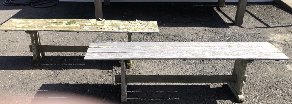 Pair of Teak Benches: Pair of Teak Benches. 18"h x 66"w x 13"d. Condition, weathered patina, Lichen, some rot to base