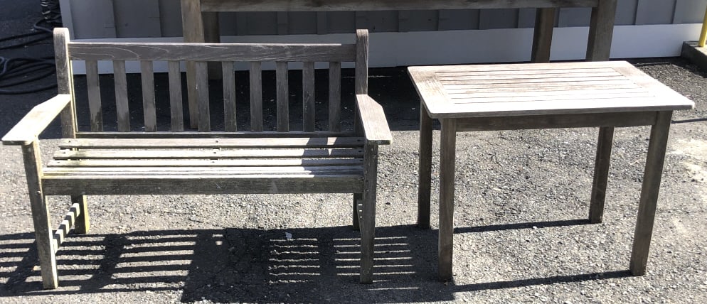 Teak Bench Together With Table: Teak Bench Together With Table. Bench is 33"h x 50 1/4"w x 24"d. Condition, weathered patina, some lichens