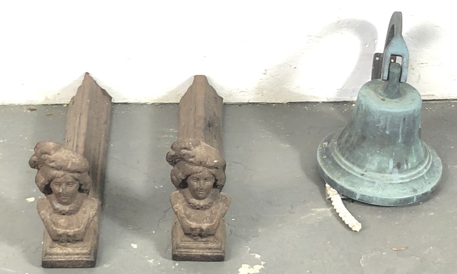 Pair of French Cast Iron Andirons: Pair of French Cast Iron Andirons Together with Bell Andirons 9"h x 17"d Condition, old patina