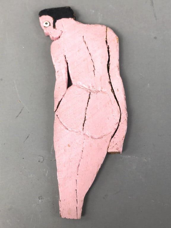 Lady Figural Carved Wood - Style of Elijah Pierce: Lady Figural Carved Wood - Style of Elijah Pierce. 12 3/8"h x 5"w x 3/8" d. Condition, missing base, weathered