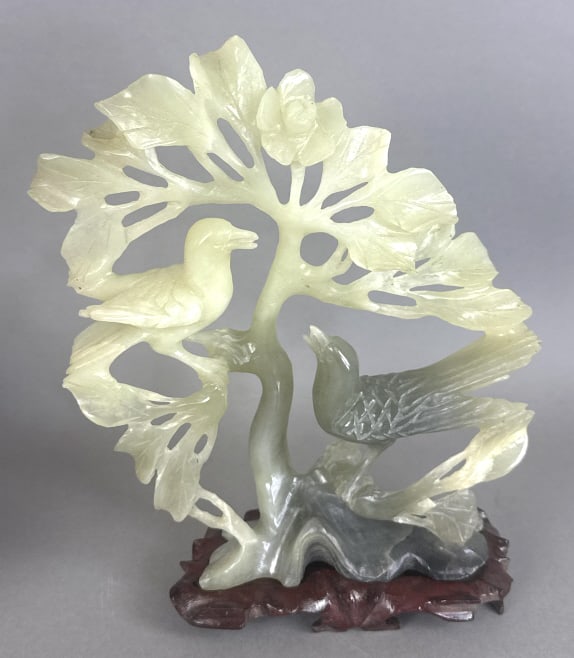 Carved Jade on Base - Birds in a Tree: Carved Jade on Base - Birds in a Tree 10"h x 8 1/4"w x 3"d. overall. Condition, some scratches, some rough edges, box has overall wear