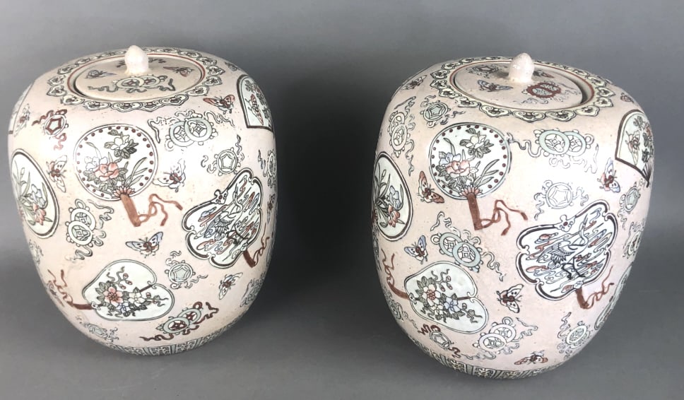 Pair of Chinese Porcelain Ginger Jars: Pair of Chinese Porcelain Ginger Jars. 11 1/2"h x 9 1/2"w. Condition, good