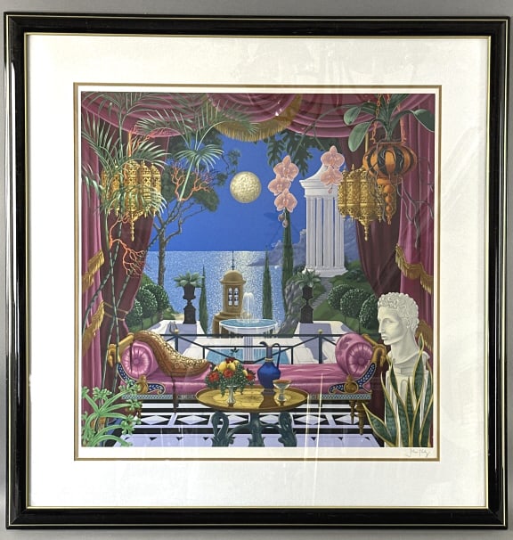 John Kiraly - Royal Moon Hand Signed Serigraph: John Kiraly - Royal Moon Hand Signed Serigraph. Signed (LR) Roman numerals (LL) Image sight is 28 1/4" x 28 1/4" Total size is 40 1/2" x 40 1/2" Condition: scratches, scuffs, and chips to frame