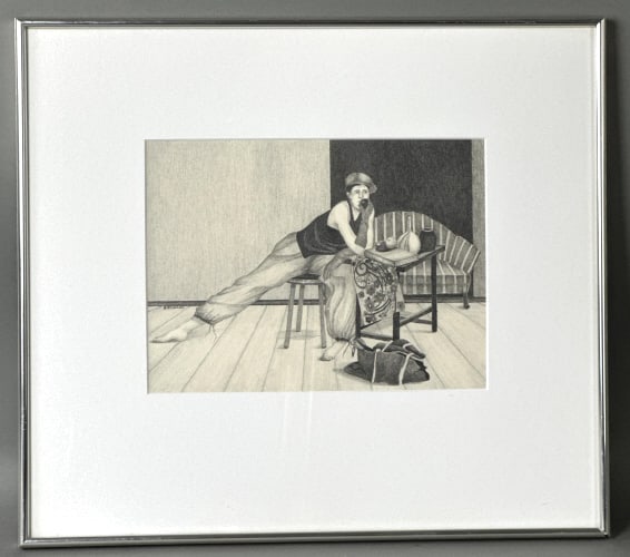 Barbara Scullin Pencil Drawing - Afternoon Break: Barbara Scullin Pencil Drawing - Afternoon Break. Overall size is 18 1/4" x 16 1/4" Condition: glass needs cleaning