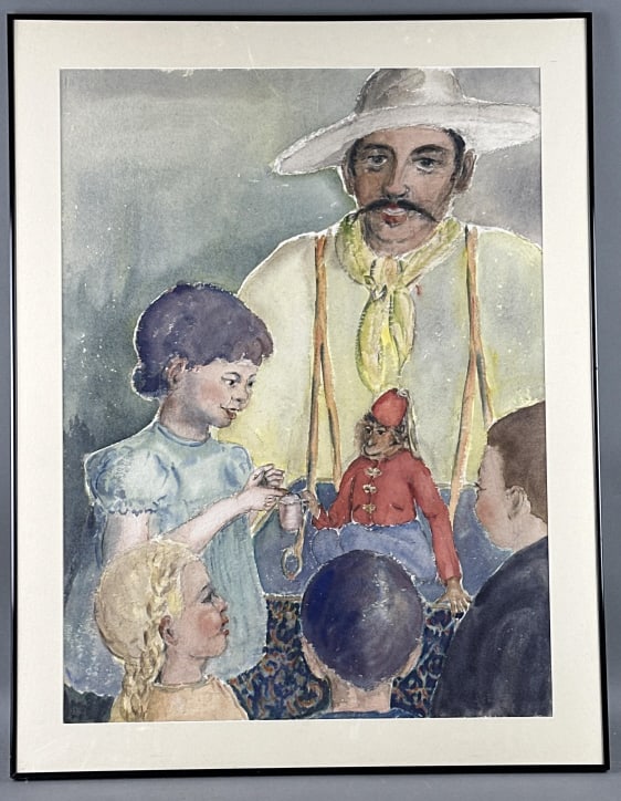 Alice Ross Livsey - Organ Grinder: Alice Ross Livsey - Organ Grinder. Watercolor. Overall size is 26 3/4" x 34 1/4" Condition, scratches and scuffs to frame , glass needs cleaning