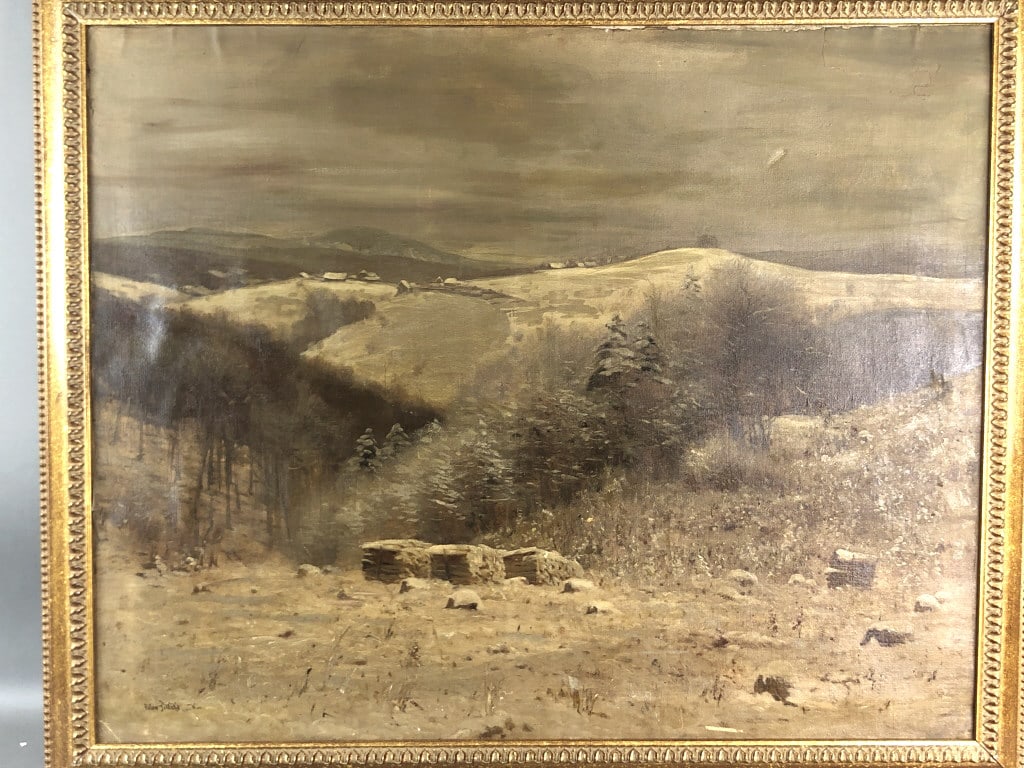 Anton Filkuka (1888-1957): Anton Filkuka (1888-1957) Viennese snow scene 31"h x 38 1/2"w Condition: relined, old tears and restorations