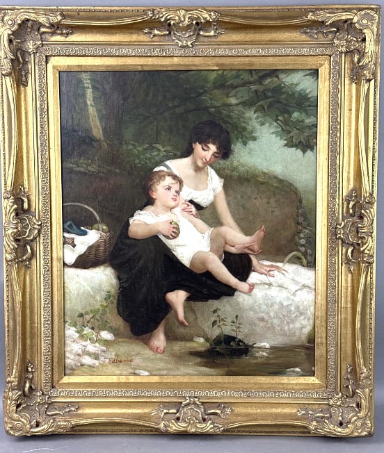F. Edbrooke Girl and Baby: F. Edbrooke Girl and Baby . Signed (LL) Sight is 19 1/2" x 23 1/2" Condition, scratches, scuffs and cracks to frame, some loss of gilt