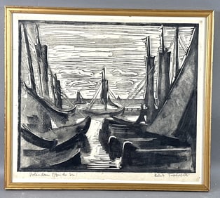 Herbert Tucholski Woodcut of Boats