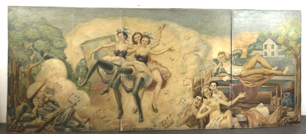 F Marchione Mural of Dancers: F Marchione Mural of Dancers Dated 1947 Signed (ll) Oil on canvas laid on board. 3 panels. 52"h x 126 1/2"w Condition: Wear to edges, some loss ofpaint, scratch and scuffs. Needs cleaning.