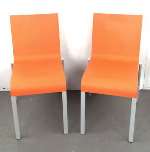 Pair Vitra Maarten Van Severen Chairs: Pair of Orange Vitra Maarten Van Severen Chairs 31"h x 16 3/4" x 19"d Condition, some scratches and scuffs