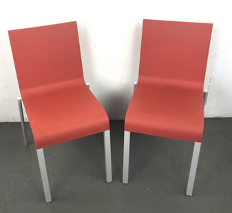 Pair Vitra Maarten Van Severen Chairs: Pair of red Vitra Maarten Van Severen Chairs 31"h x 16 3/4"w x 19"d Condition, some scratches and scuffs