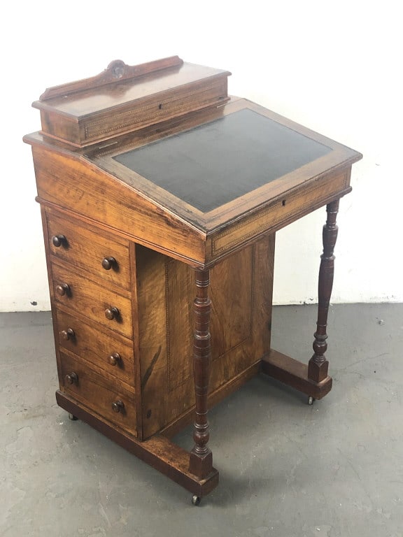 19th Century Inlaid Davenport Desk: 19th Century Inlaid Davenport Desk 35"h x 21 1/2"w x 21"d Condition: Overall wear, chipped veneer, scratches and scuffs.