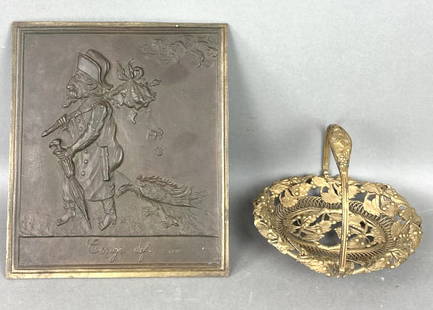 Bronze French Plaque - Conge Def: Bronze French Plaque - Conge Def. Together with decorative brass bowl with handle. Plaque is 8 1/2" x 10" Condition, scratches and scuffs, some bentmetal on brass bowl, plaque hanger broken