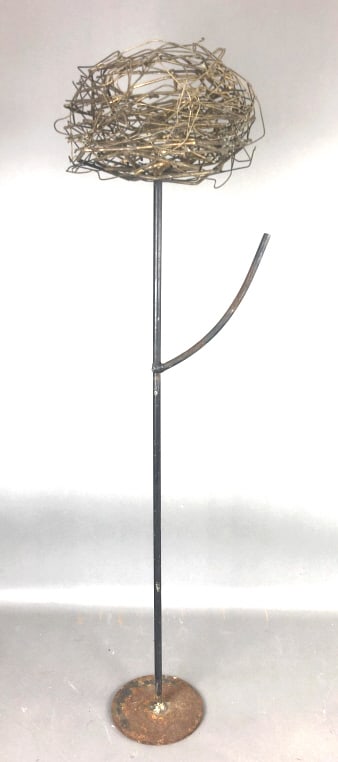 Metal Sculpture of Nest on Branch: Metal Sculpture of Nest on Branch. 43"h x 12"d Condition, some rust to base