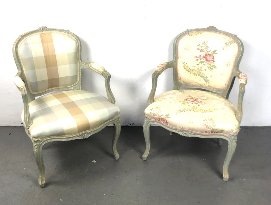 Pair Louis XV Fauteuil: Pair Louis XV Fauteuil 24"h x 23 1/2w x 24"d Condition: Some wear to finish, chipped paint. Different fabric covers