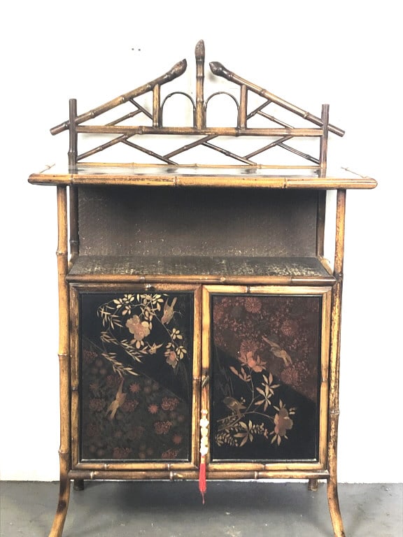 Bamboo Japanned Side Cabinet: Bamboo Japanned Side Cabinet 53 1/2"h x 25"w x 15"d Condition: Some wear, scratches and scuffs