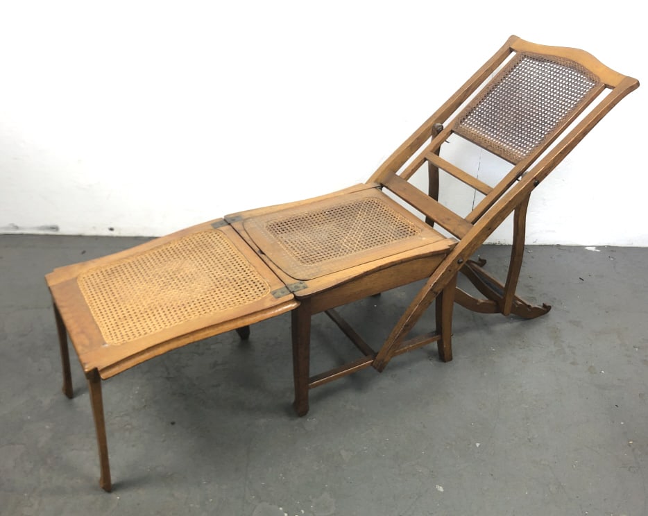 Oak Caned Metamorphic Chair: Oak Caned Metamorphic Chair 41 3/4"h x 18 1/2"w x 22"d Condition: Some scratches and scuffs.