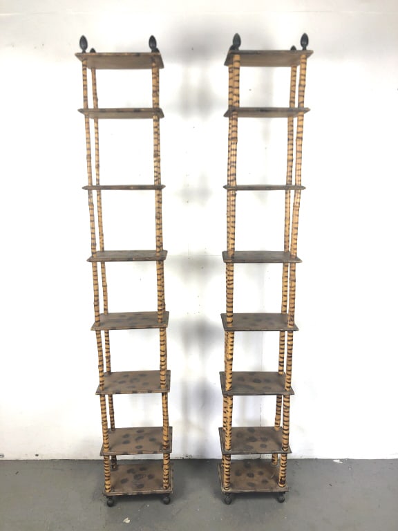 Pair of Bamboo Etageres: Pair of Bamboo Etageres 87 1/2"h x 14 1/2"w x 9 1/2"d Condition: Some scuffs, scratches and cracks to bamboo.