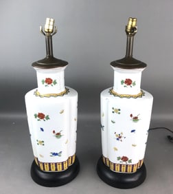 Pair of Floral Decorated Porcelain Lamps