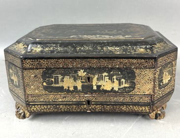 Asian Lacquered Black and Gilt Sewing Box