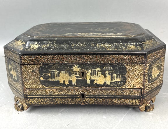 Asian Lacquered Black and Gilt Sewing Box (1 of 14)