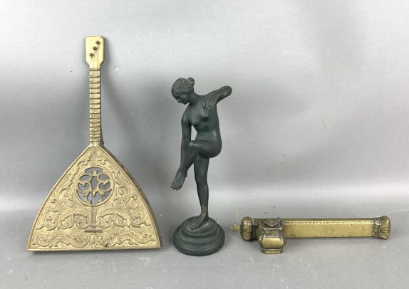 Brass Inkwell & Balalaika: Brass Inkwell & Balalaika. Together with metal female figure. Balalaika is 13"h x 8"w x 1"d. Condition, scratches, scuffs and wear to metal, some dings on inkwell
