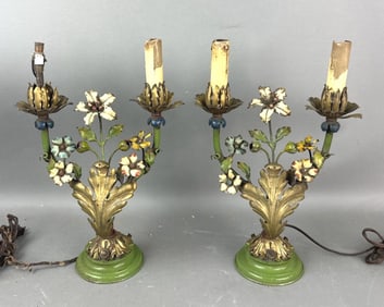 Pair of Floral Gilt & Painted Table Lamps