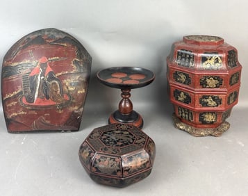 Group of Red & Black Wood & Paper Mache Articles