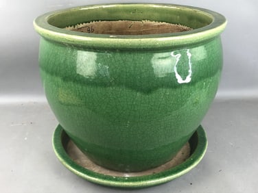 Green Crackle Glazed Planter & Tray