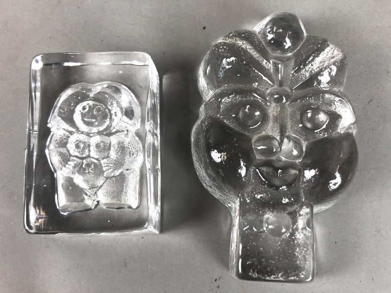 Lars Helsten Totem Glass Art: Lars Helsten Totem Glass Art . Together with Nordic style glass art. Totem piece is 6"h x 4"w x 1 1/2"d. Condition, good